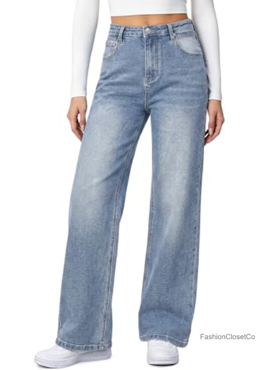Denim - High Waisted Baggy Wide Leg Boyfriend Jeans Stretchy Denim Pants